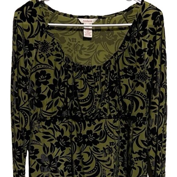 Sundance Catalog- Women Blouson Green w Black Velvet Burnout Top Blouse, Size L - Picture 3 of 8